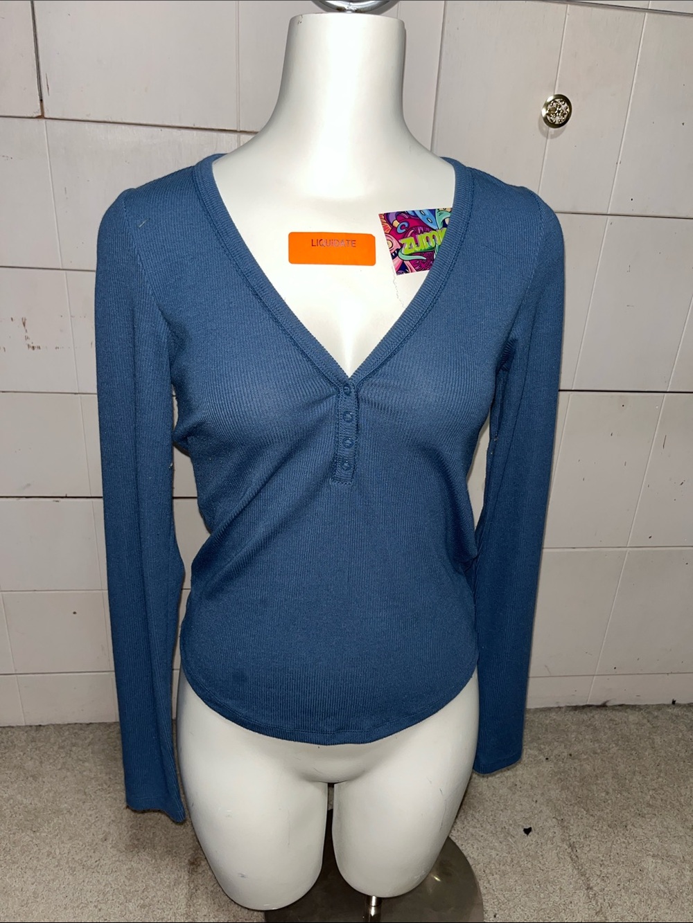 American Eagle Outfitters Slate Blue Ribbed V-Neck Henley Long Sleeve Top